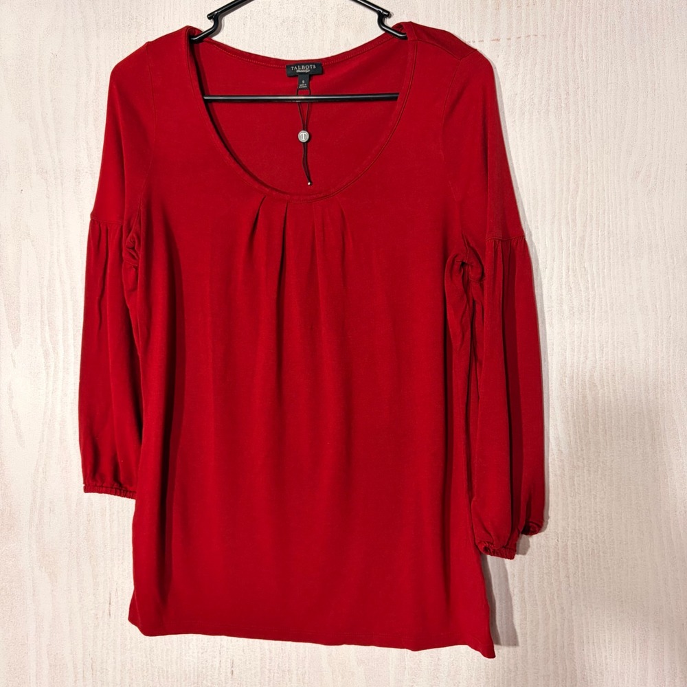 Talbots Top Women Small Red Scoop Neck Pleated Puff Sleeve Rayon Blend